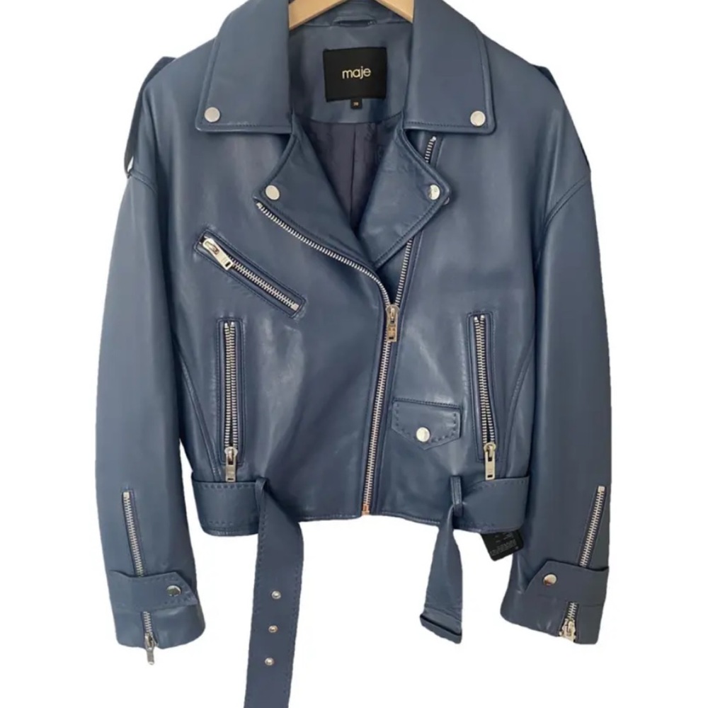 Maje Blue Leather Moto Jacket with Silver Accents